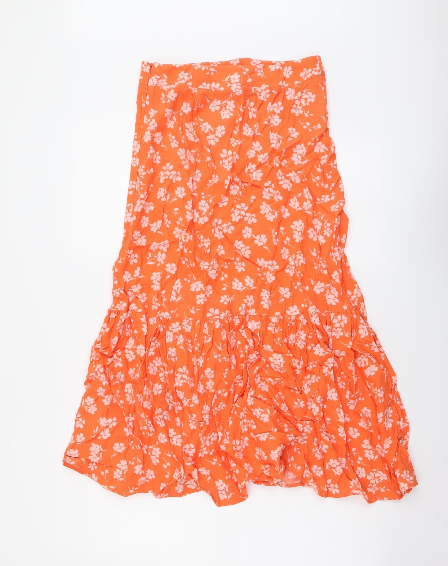 Marks and Spencer Womens Orange Floral Viscose Flare Skirt Size 6 Zip