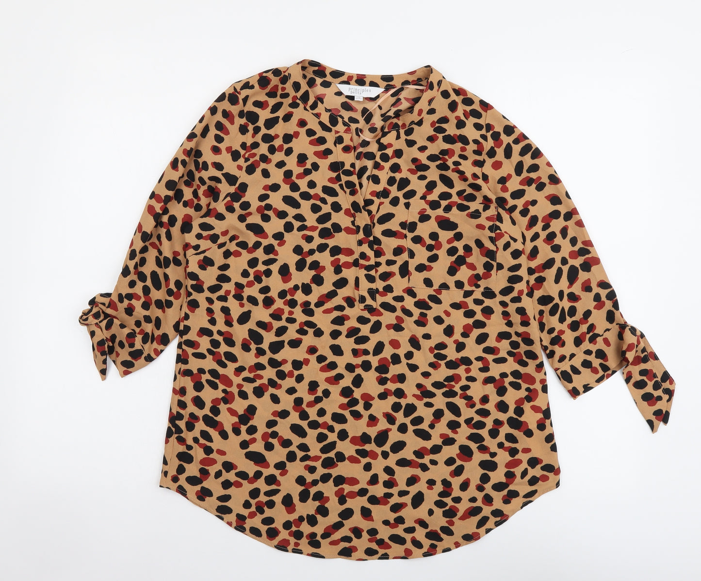 Principles Womens Brown Animal Print Polyester Basic Blouse Size 10 V-Neck - Leopard Print