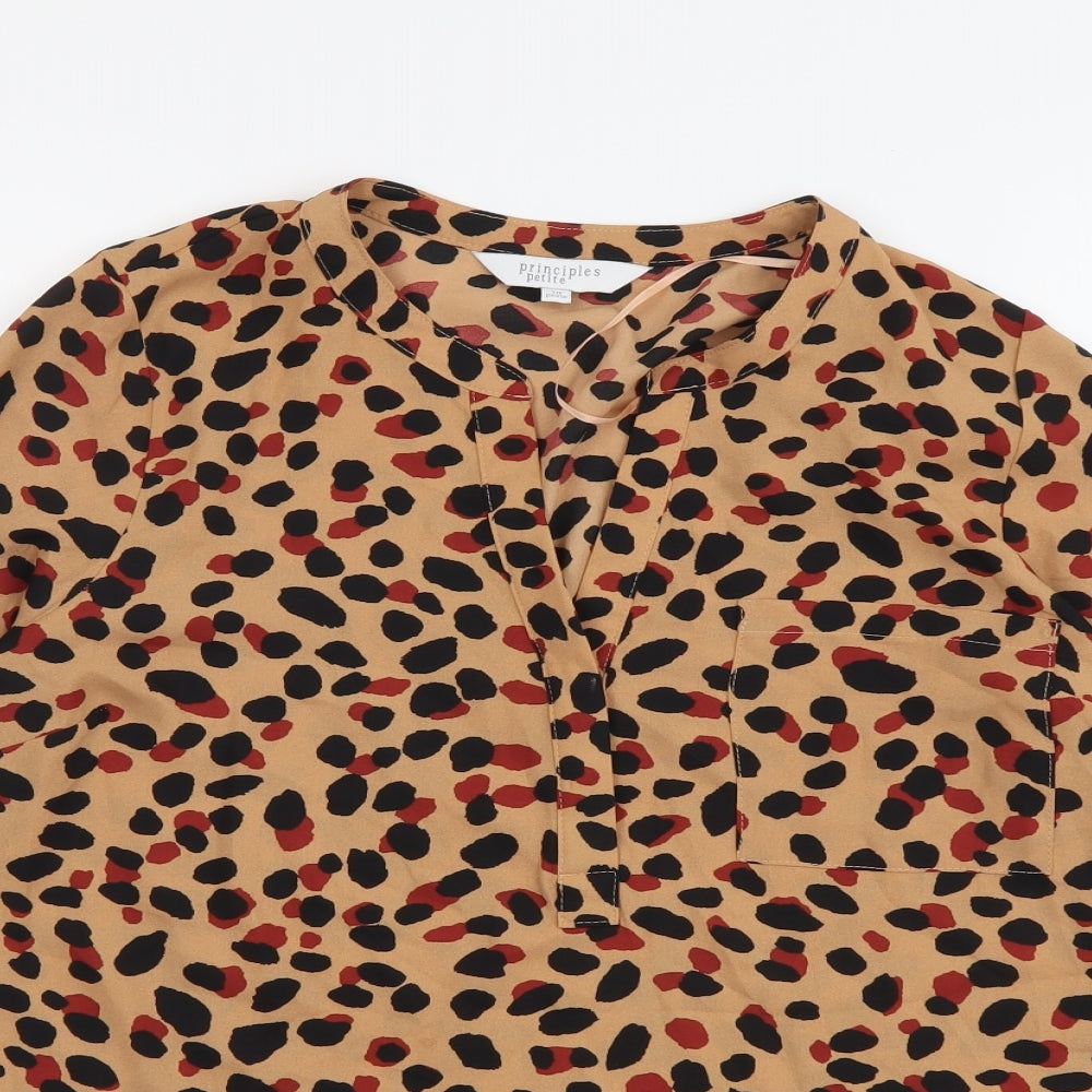 Principles Womens Brown Animal Print Polyester Basic Blouse Size 10 V-Neck - Leopard Print
