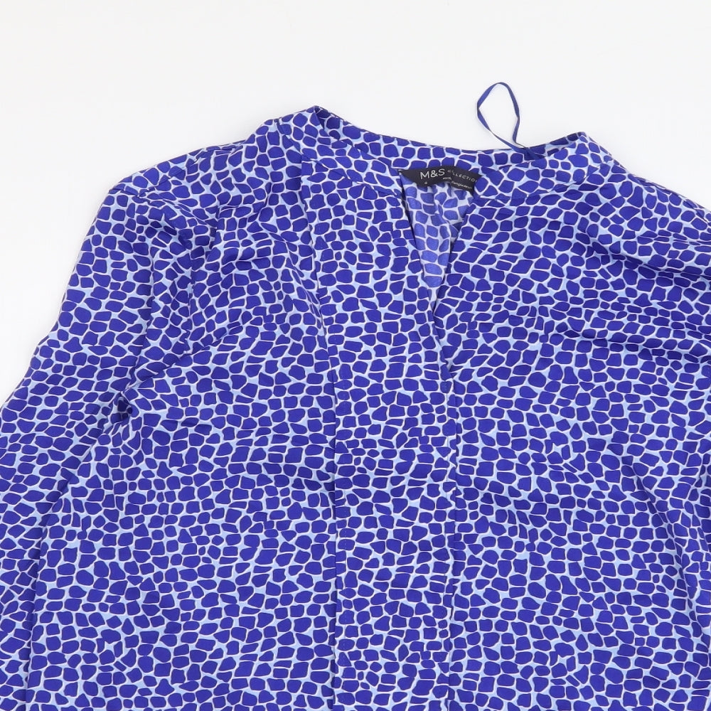 Marks and Spencer Womens Blue Geometric Polyester Basic Blouse Size 6 V-Neck