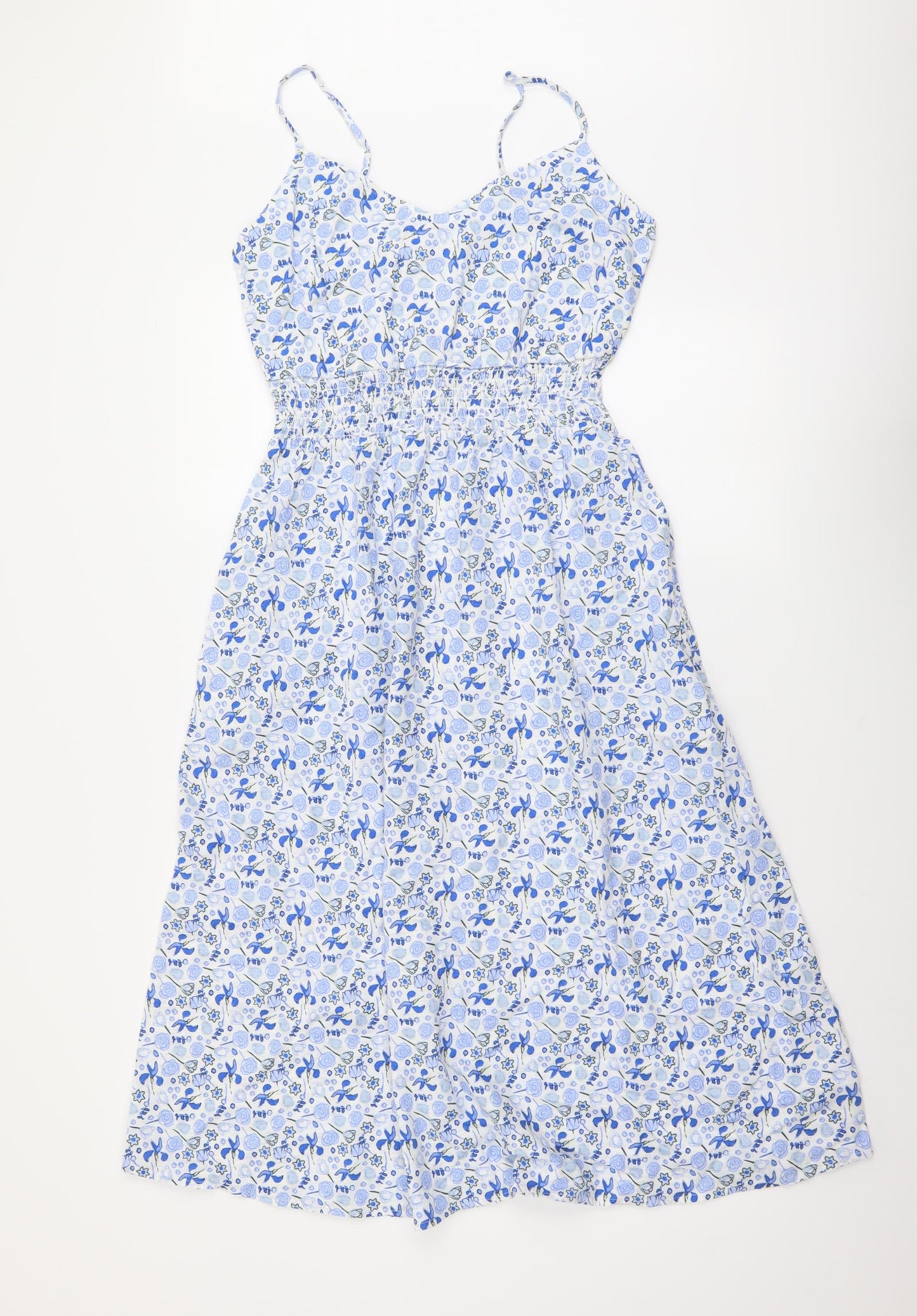 Marks and Spencer Womens Blue Floral Cotton A-Line Size 8 V-Neck Zip