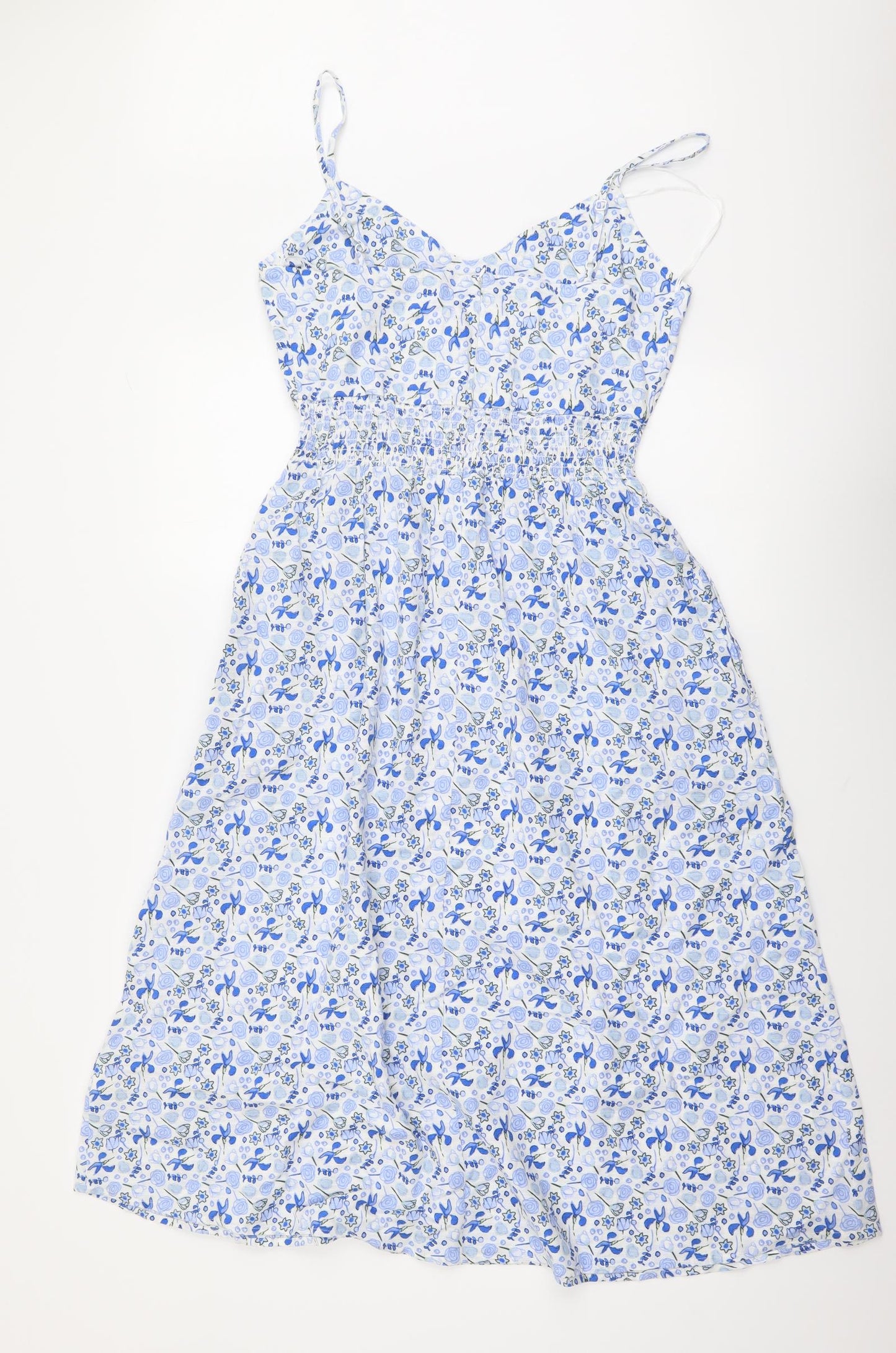 Marks and Spencer Womens Blue Floral Cotton A-Line Size 8 V-Neck Zip