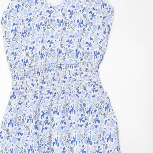 Marks and Spencer Womens Blue Floral Cotton A-Line Size 8 V-Neck Zip