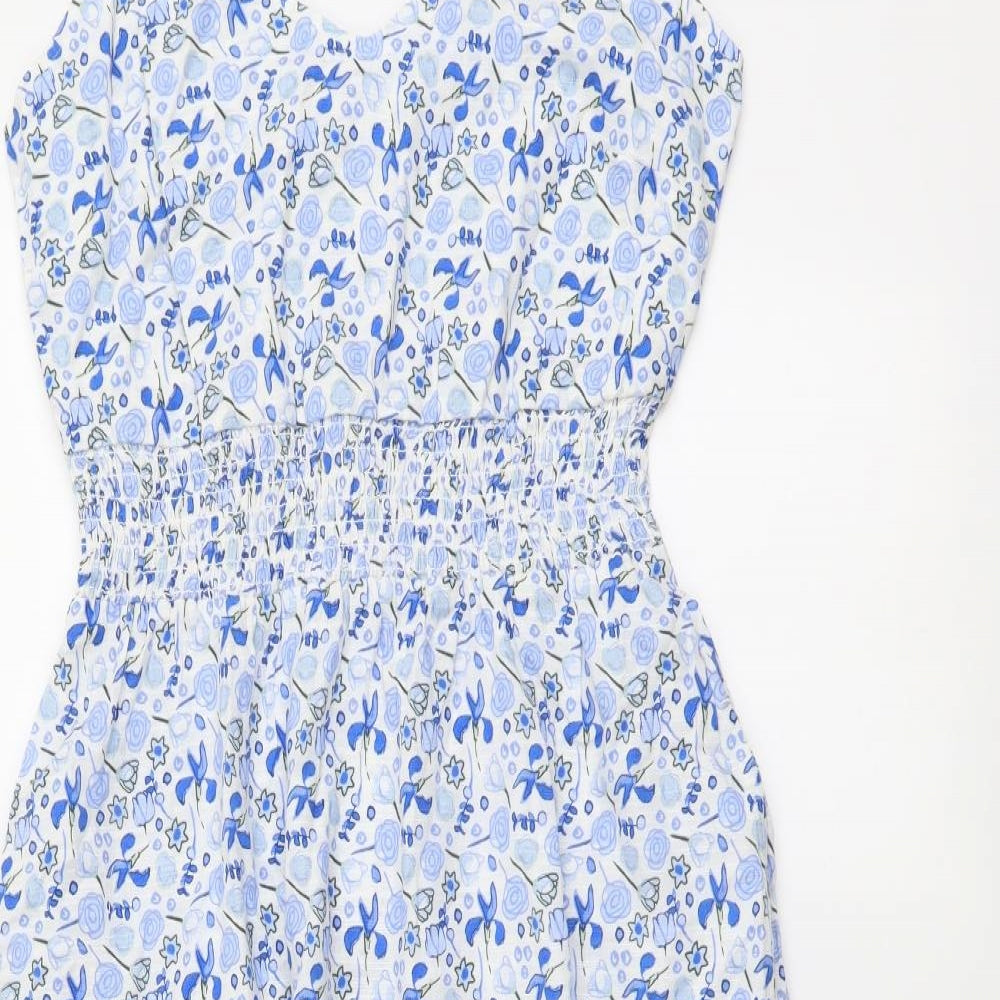 Marks and Spencer Womens Blue Floral Cotton A-Line Size 8 V-Neck Zip