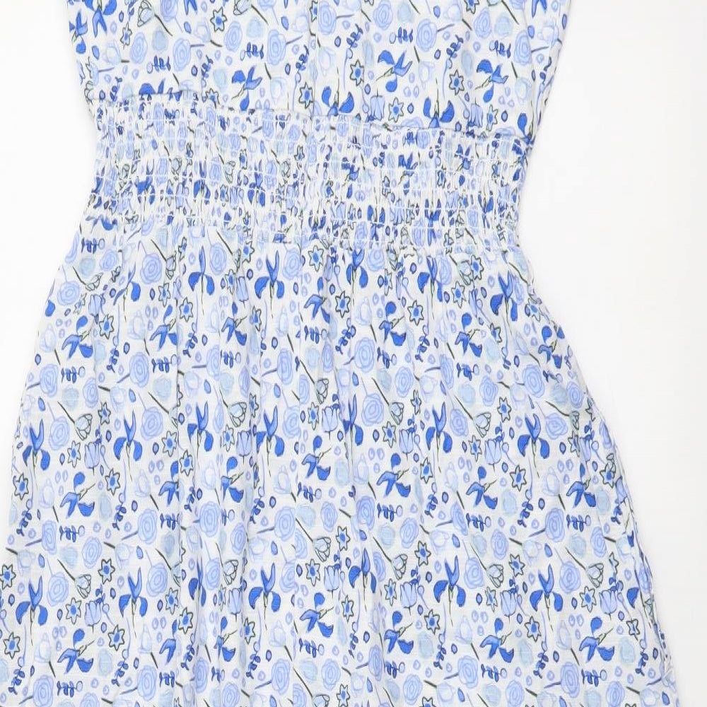 Marks and Spencer Womens Blue Floral Cotton A-Line Size 8 V-Neck Zip