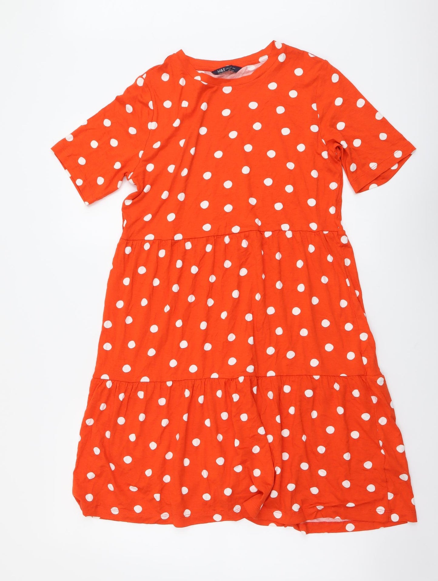 Marks and Spencer Womens Orange Polka Dot Viscose A-Line Size 10 Round Neck Pullover - Tiered