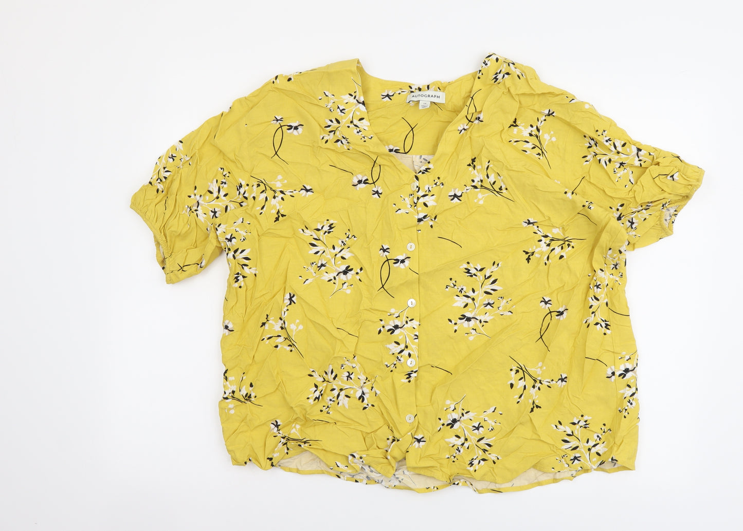 Marks and Spencer Womens Yellow Floral Viscose Basic Button-Up Size 14 V-Neck