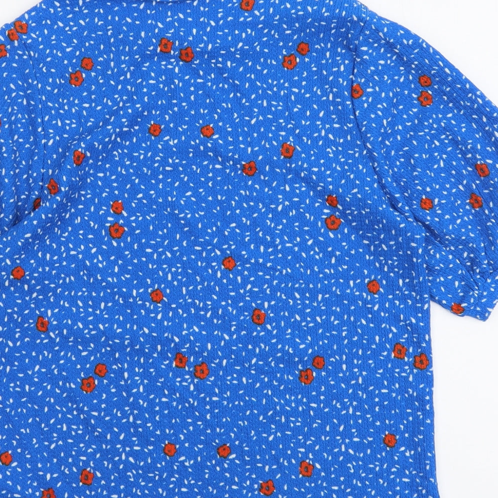 Marks and Spencer Womens Blue Floral Polyester Basic T-Shirt Size 8 Round Neck