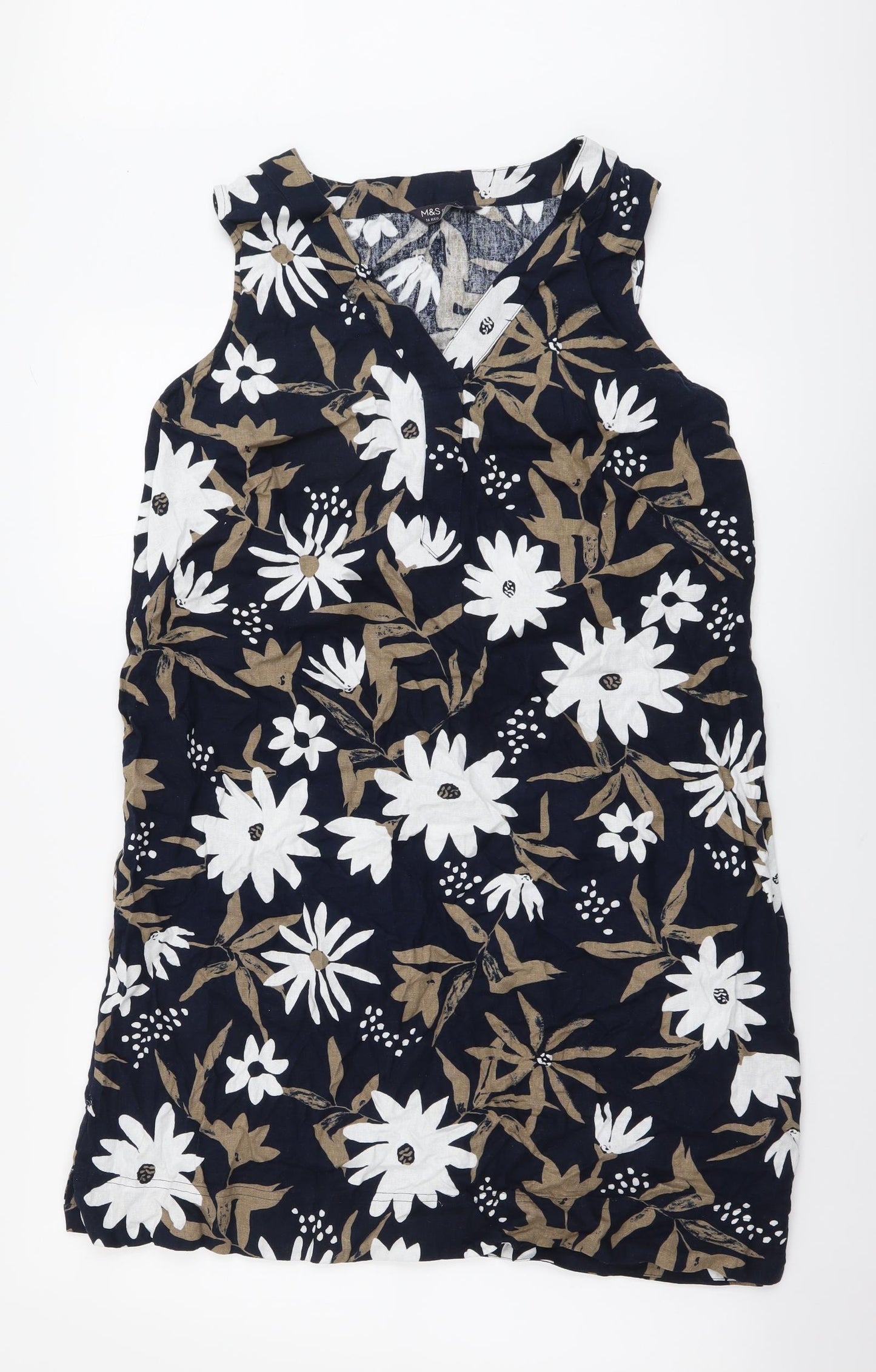 Marks and Spencer Womens Multicoloured Floral Linen A-Line Size 16 V-Neck Pullover