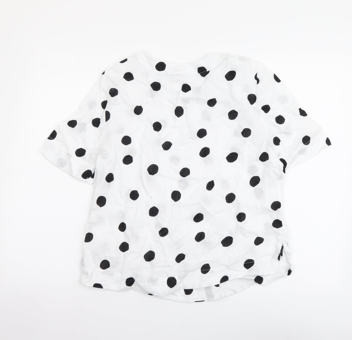 Marks and Spencer Womens White Polka Dot Linen Basic T-Shirt Size 8 Round Neck