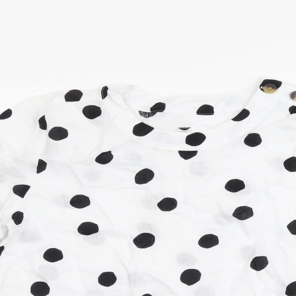 Marks and Spencer Womens White Polka Dot Linen Basic T-Shirt Size 8 Round Neck
