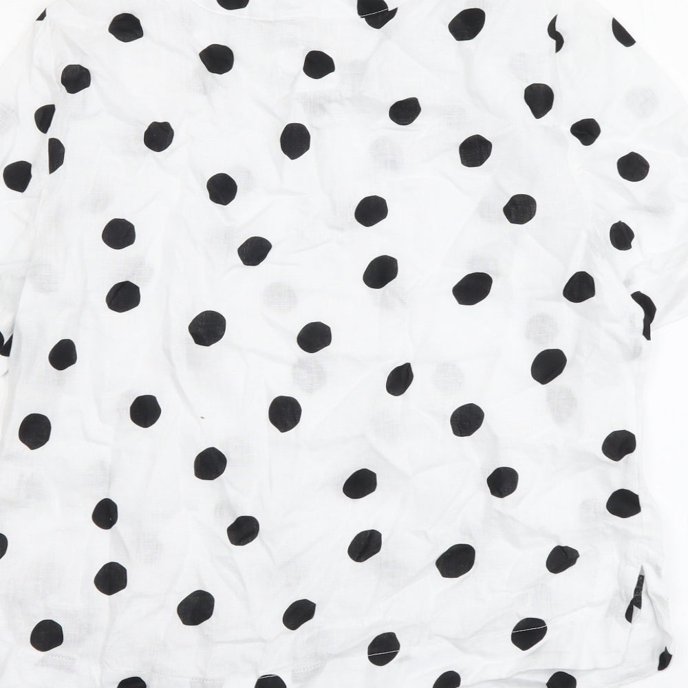 Marks and Spencer Womens White Polka Dot Linen Basic T-Shirt Size 8 Round Neck