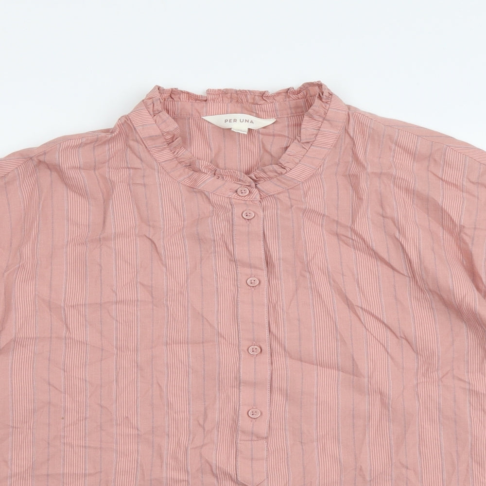 Per Una Womens Pink Striped Cotton Basic Blouse Size 16 Mock Neck