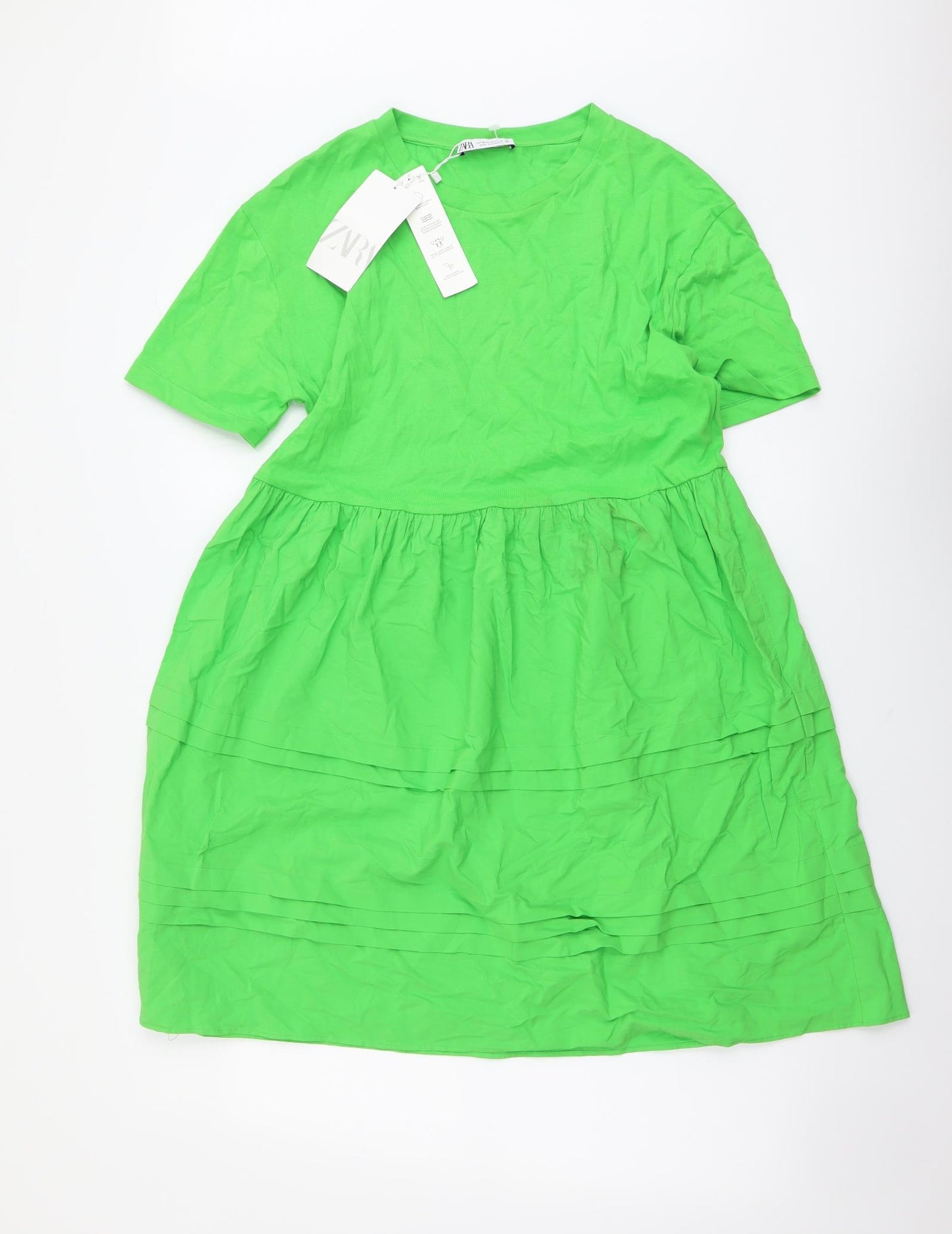 Zara Womens Green Cotton A-Line Size M Round Neck Pullover