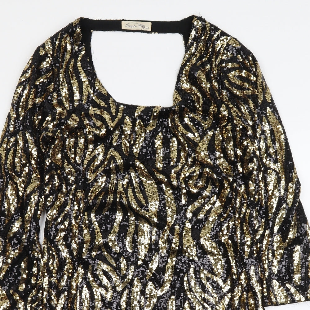 Simple City Womens Gold Geometric Polyester Sheath Size M Scoop Neck Pullover