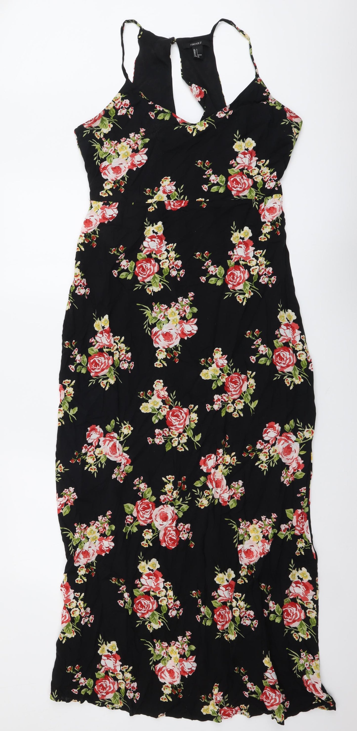 FOREVER 21 Womens Black Floral Viscose Maxi Size L V-Neck Zip