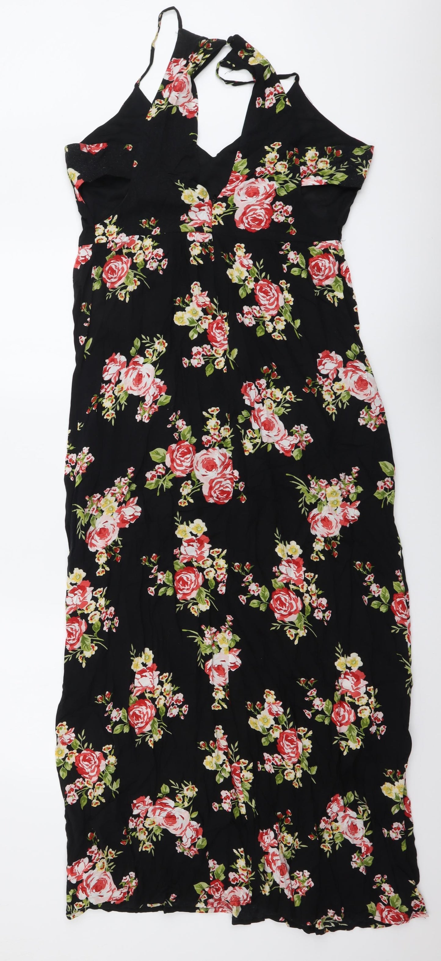 FOREVER 21 Womens Black Floral Viscose Maxi Size L V-Neck Zip