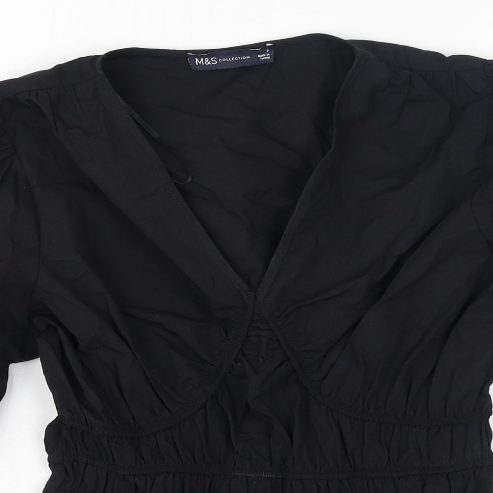 Marks and Spencer Womens Black Cotton Basic Blouse Size 8 V-Neck
