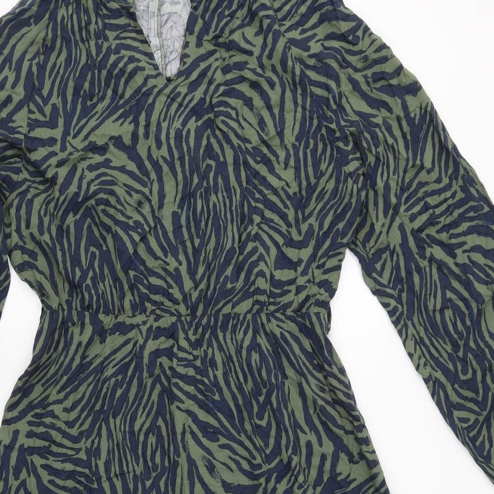 TU Womens Green Animal Print Polyester A-Line Size 14 V-Neck Pullover - Zebra Print