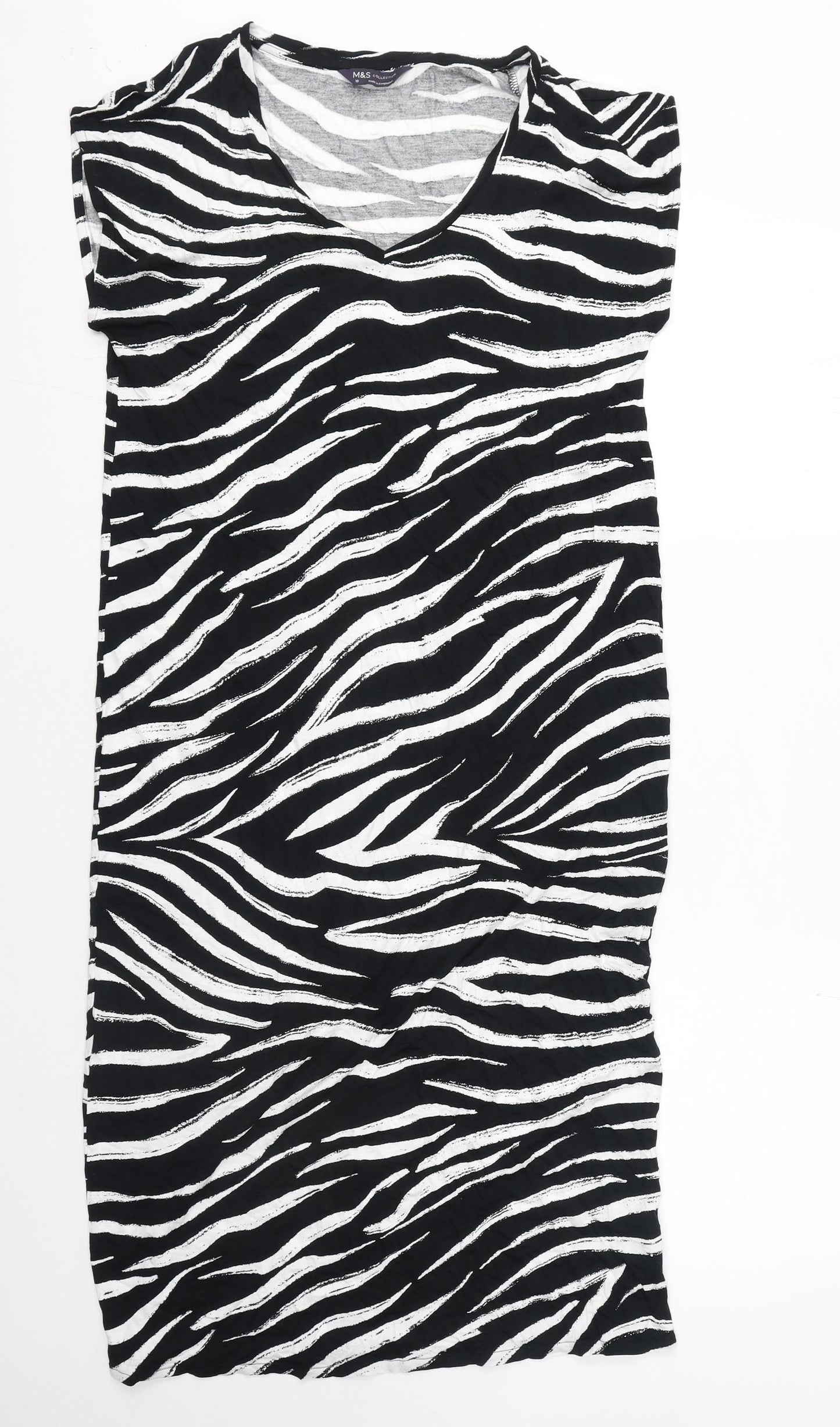 Marks and Spencer Womens Black Animal Print Viscose A-Line Size 10 V-Neck - Zebra Print