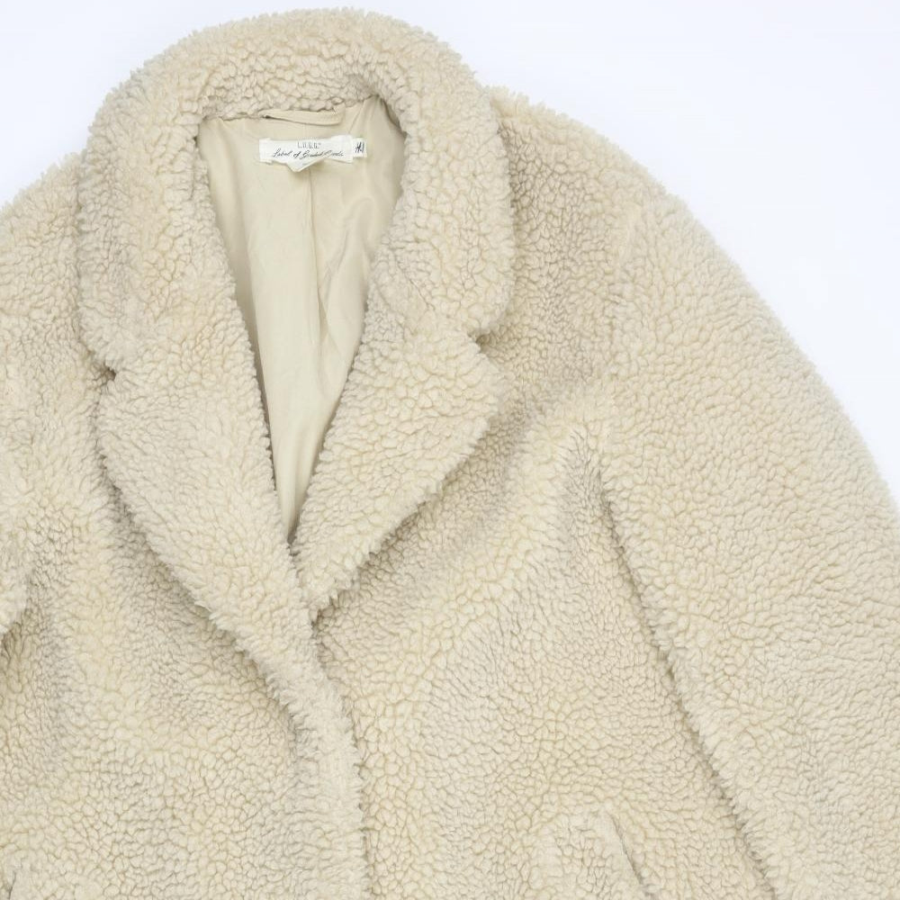 H&M Womens Ivory Overcoat Coat Size S Snap - Teddy Coat