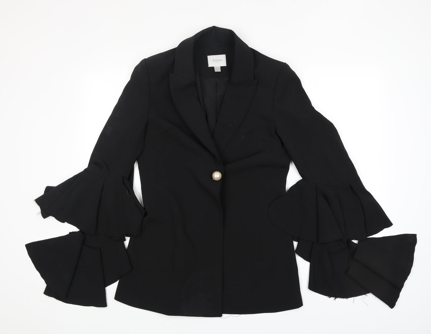Jovonna London Womens Black Jacket Blazer Size 8 Snap - Long Ruffle Sleeve