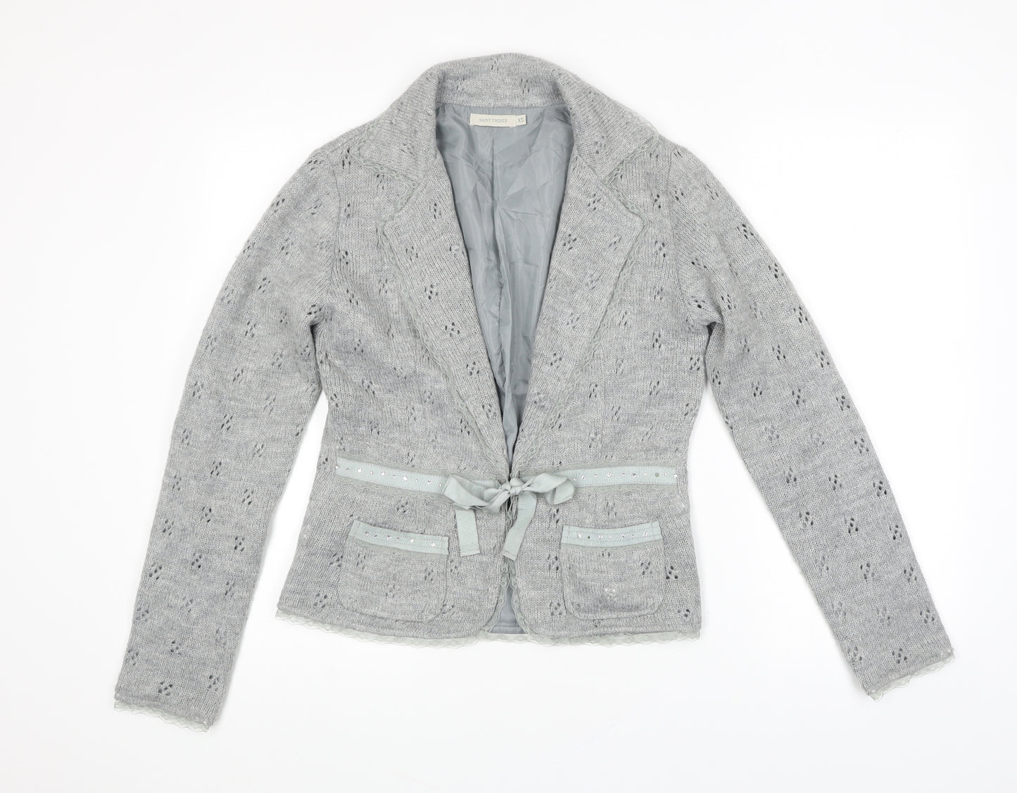 Saint Tropez Clothing` Womens Grey V-Neck Acrylic Cardigan Jumper Size XS - Lace Trim