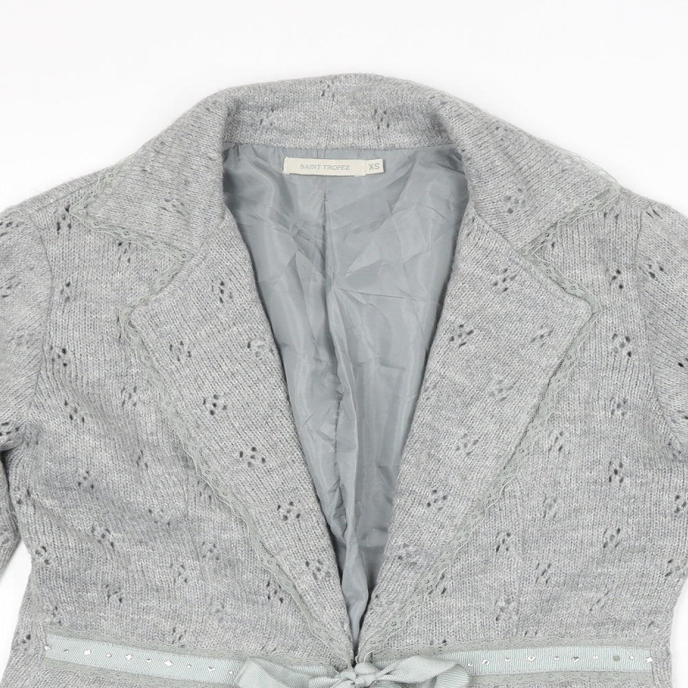 Saint Tropez Clothing` Womens Grey V-Neck Acrylic Cardigan Jumper Size XS - Lace Trim