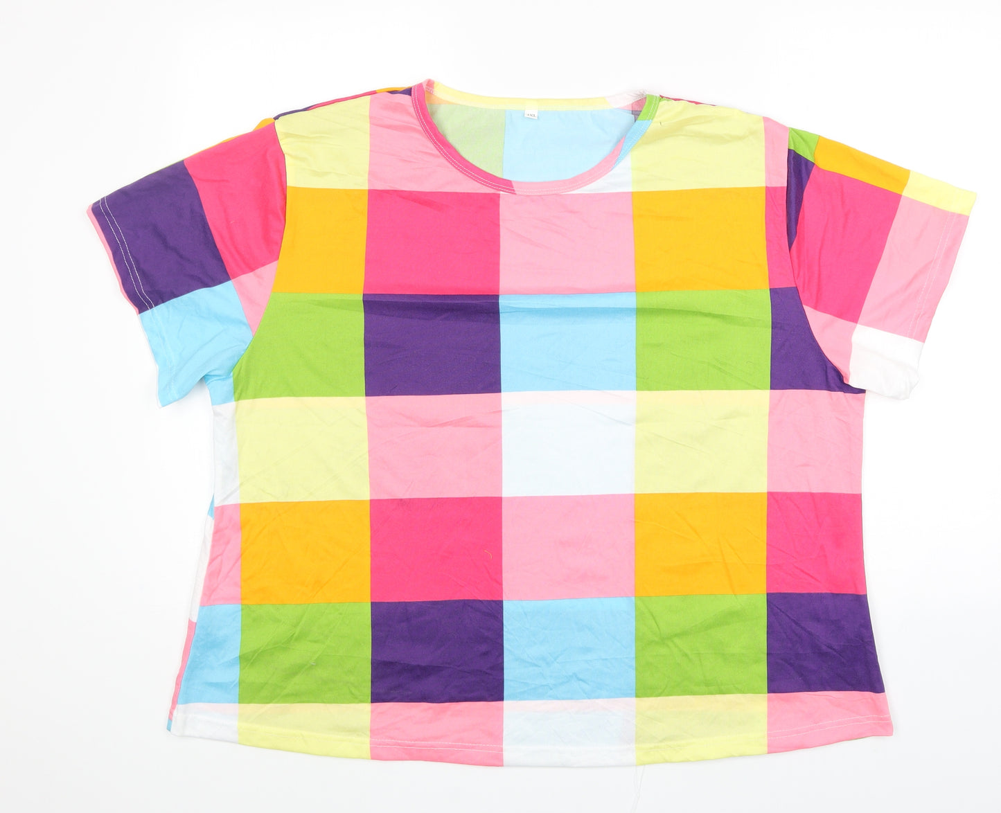 Preworn Womens Multicoloured Check Polyester Basic T-Shirt Size 4XL Round Neck