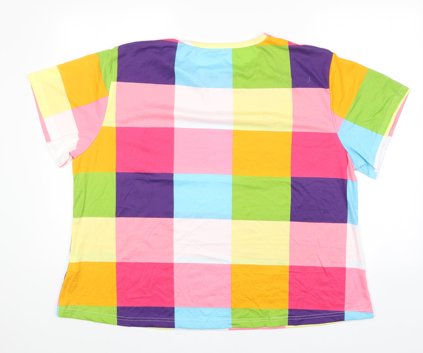 Preworn Womens Multicoloured Check Polyester Basic T-Shirt Size 4XL Round Neck