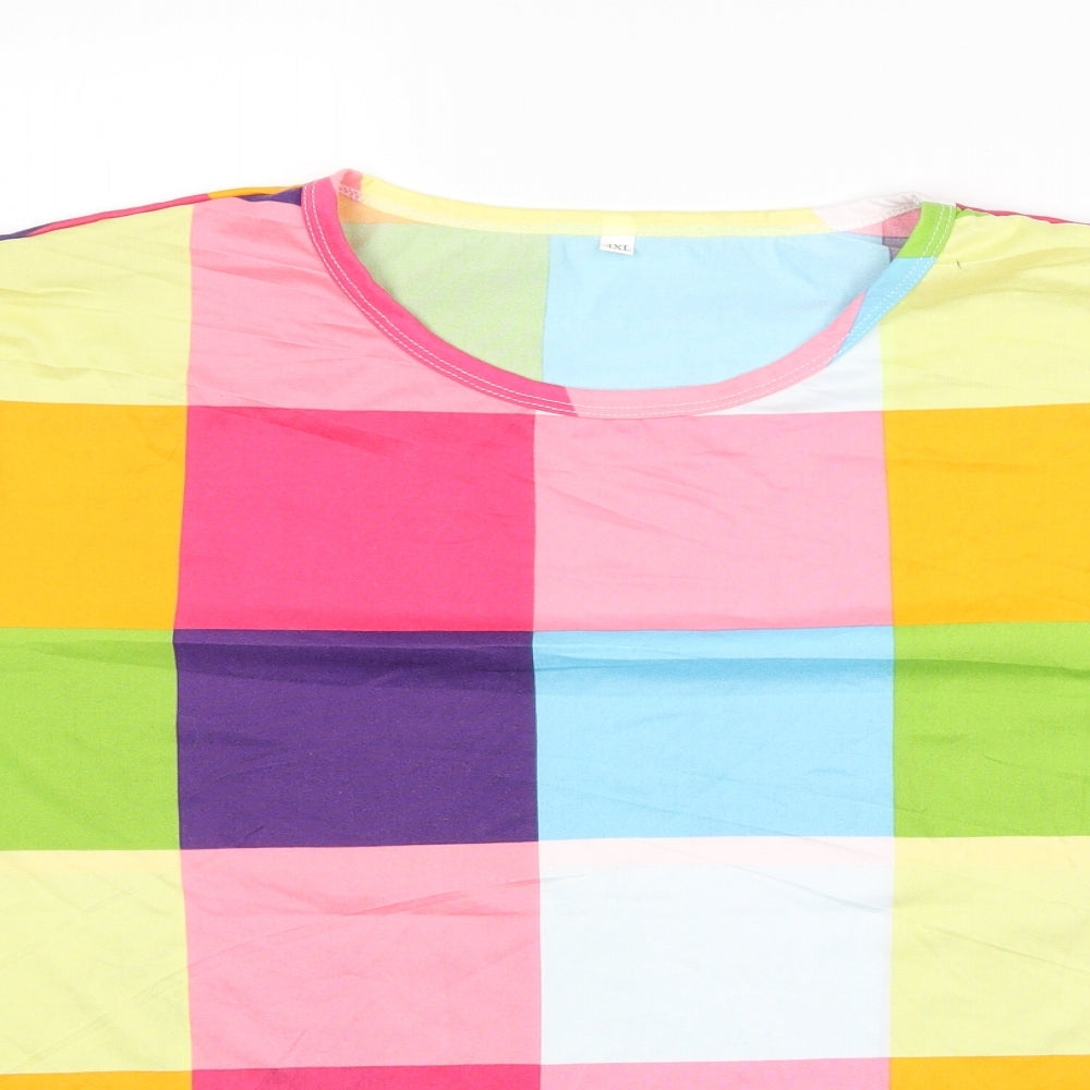 Preworn Womens Multicoloured Check Polyester Basic T-Shirt Size 4XL Round Neck