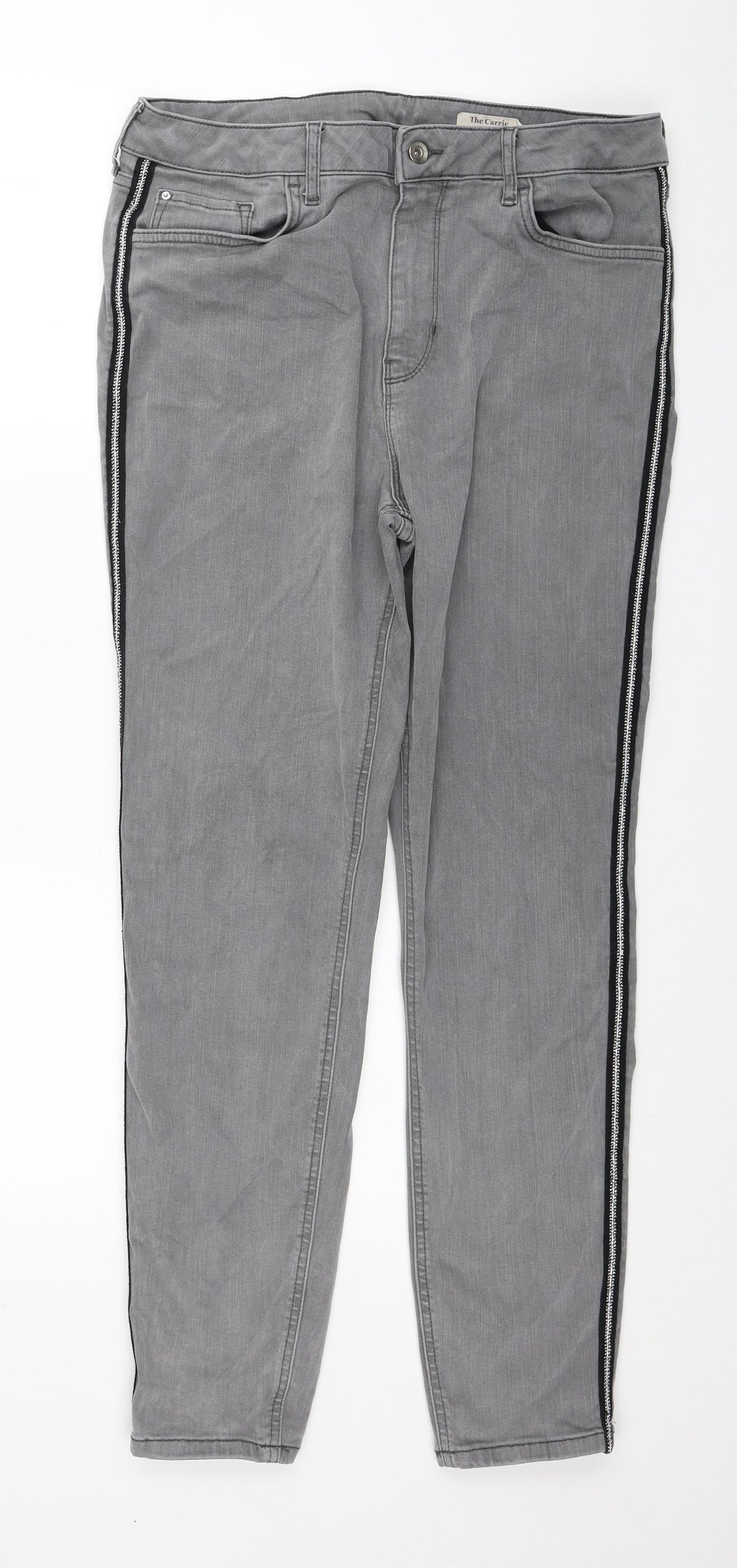 Marks and Spencer Womens Grey Cotton Skinny Jeans Size 16 L28 in Regular Button - Side Stripe