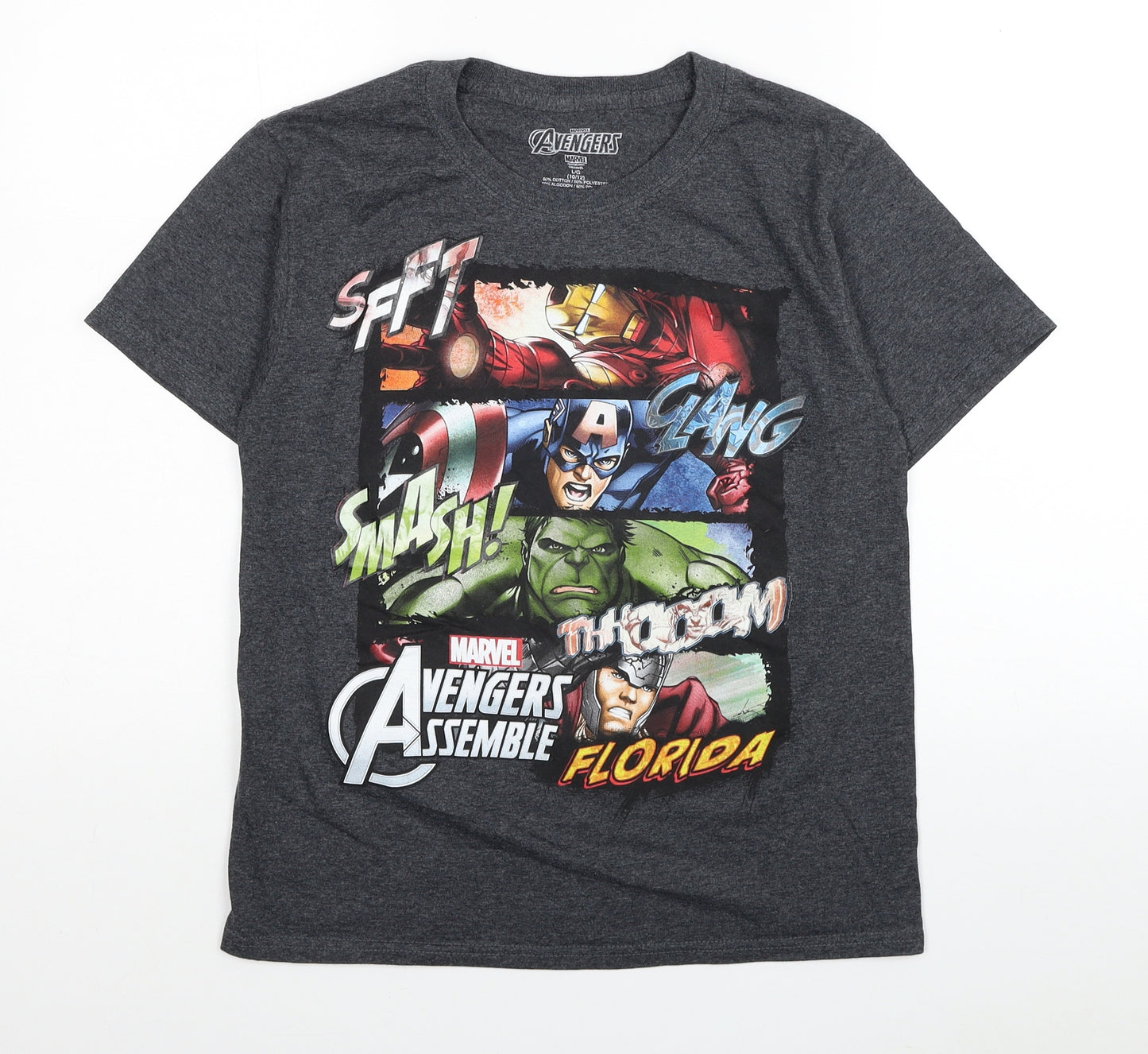 Marvel Boys Grey Cotton Basic T-Shirt Size L Round Neck Pullover - Avengers