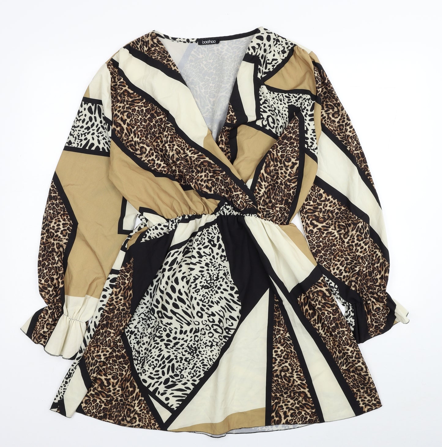 Boohoo Womens Beige Animal Print Polyester Fit & Flare Size 12 V-Neck Pullover - Leopard Print