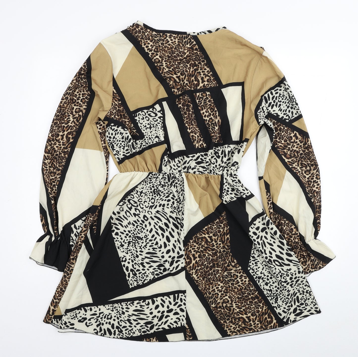 Boohoo Womens Beige Animal Print Polyester Fit & Flare Size 12 V-Neck Pullover - Leopard Print