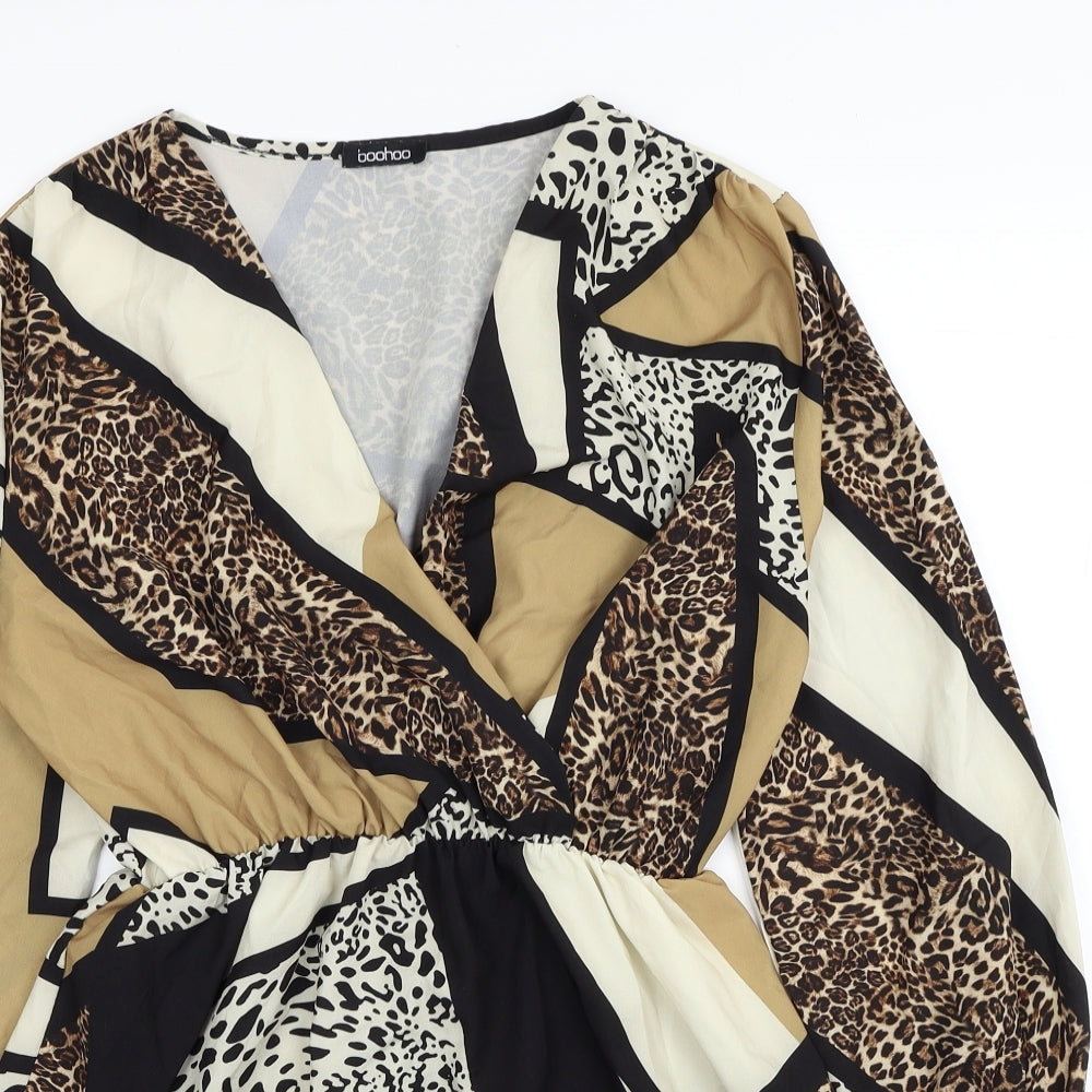 Boohoo Womens Beige Animal Print Polyester Fit & Flare Size 12 V-Neck Pullover - Leopard Print