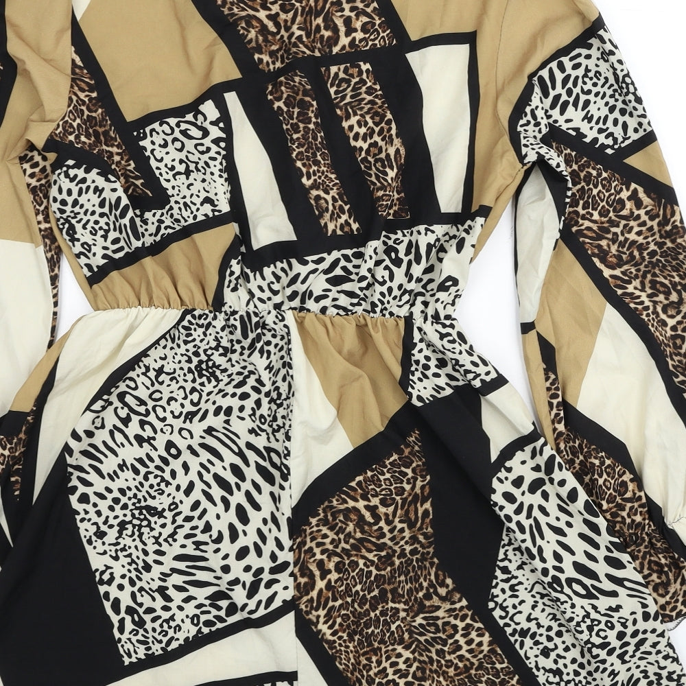 Boohoo Womens Beige Animal Print Polyester Fit & Flare Size 12 V-Neck Pullover - Leopard Print