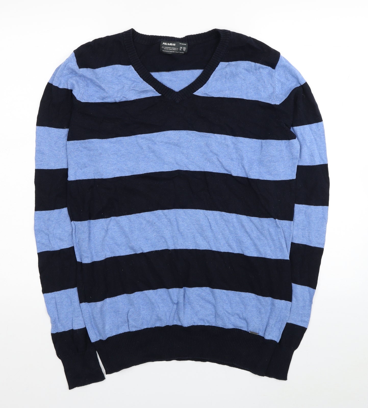Pull&Bear Mens Blue V-Neck Striped Acrylic Pullover Jumper Size XL