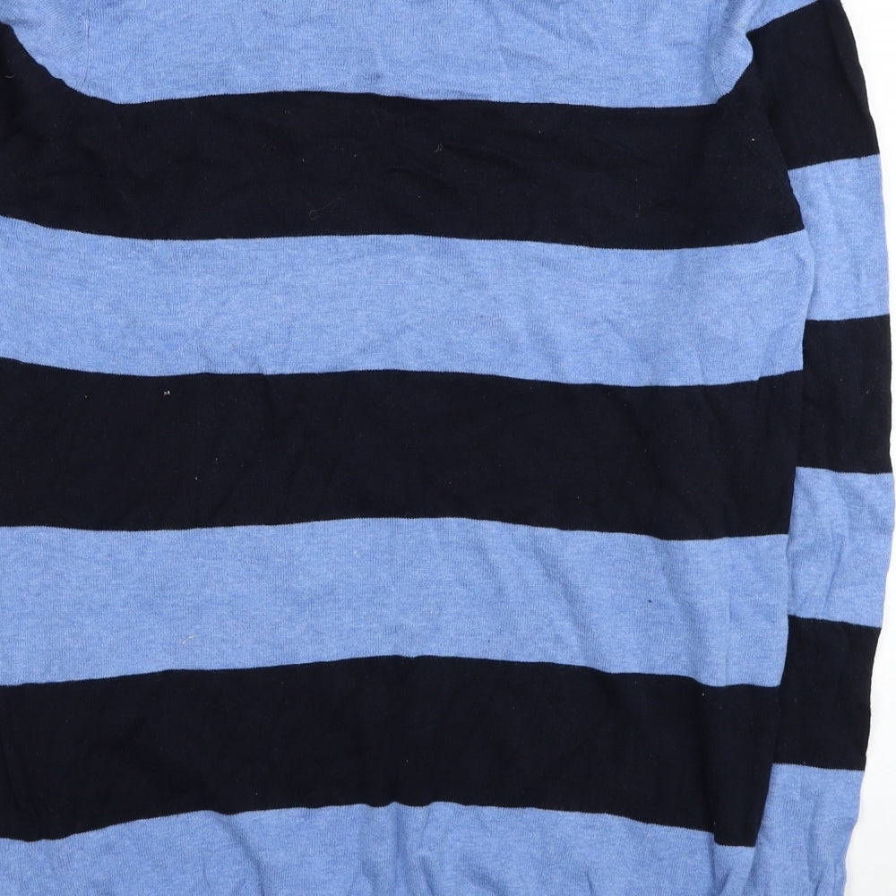 Pull&Bear Mens Blue V-Neck Striped Acrylic Pullover Jumper Size XL