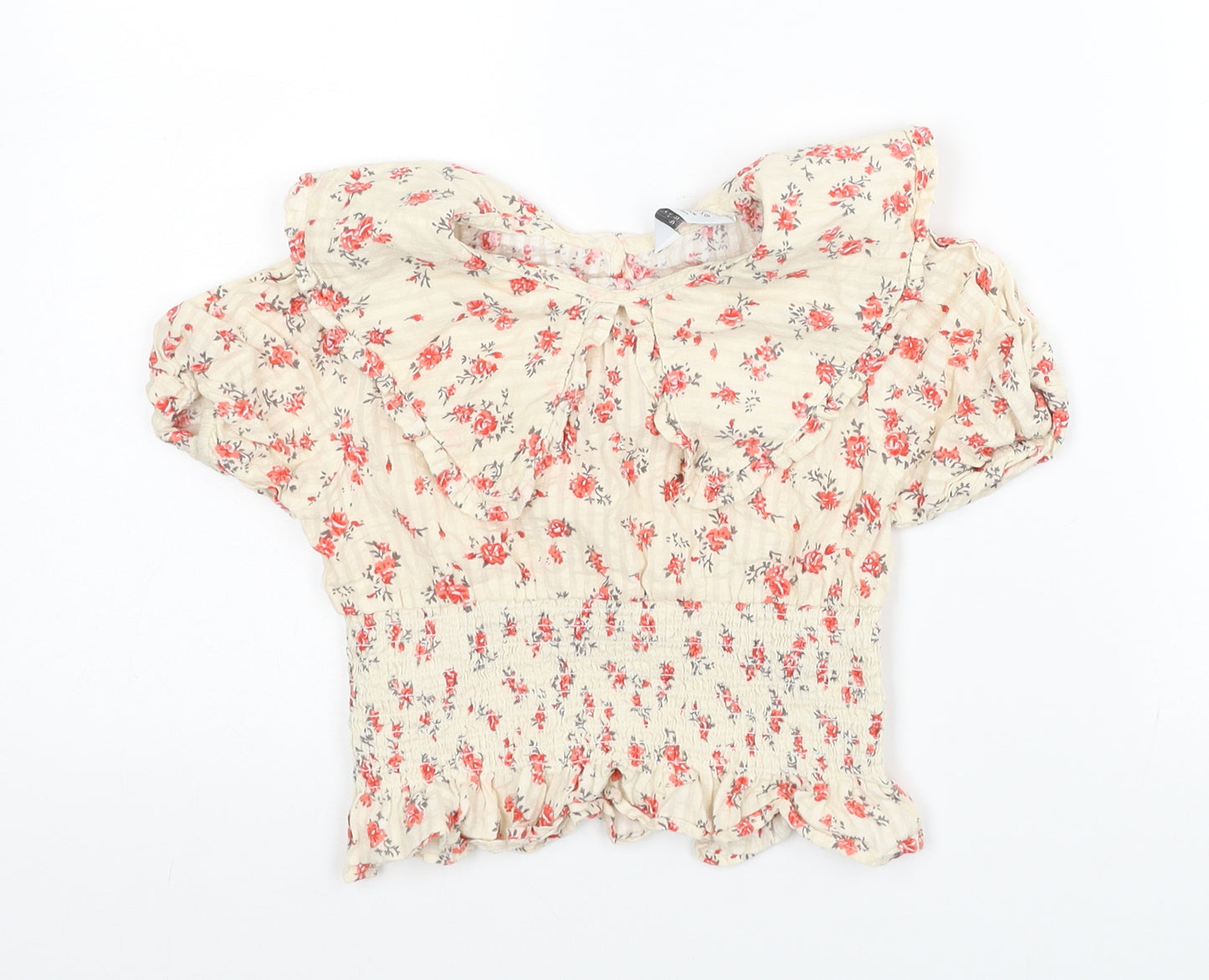 Primark Girls Ivory Floral Cotton Basic Blouse Size 7-8 Years Collared Button