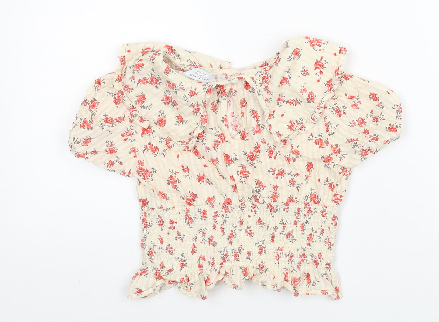 Primark Girls Ivory Floral Cotton Basic Blouse Size 7-8 Years Collared Button