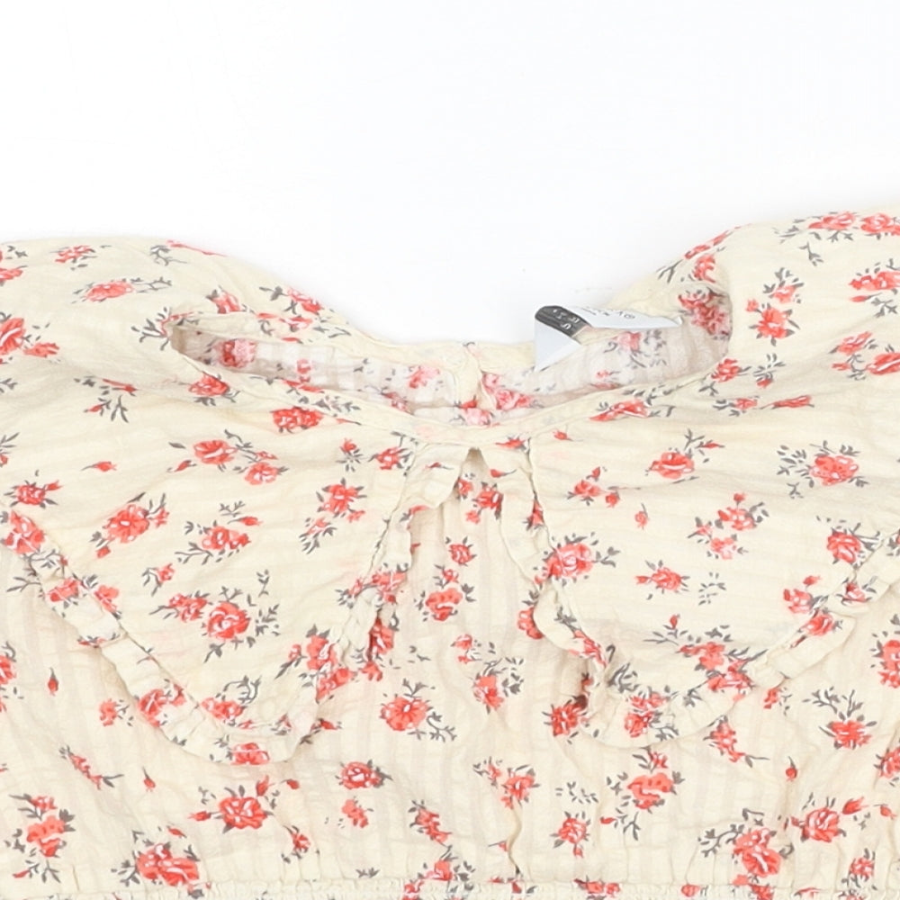 Primark Girls Ivory Floral Cotton Basic Blouse Size 7-8 Years Collared Button