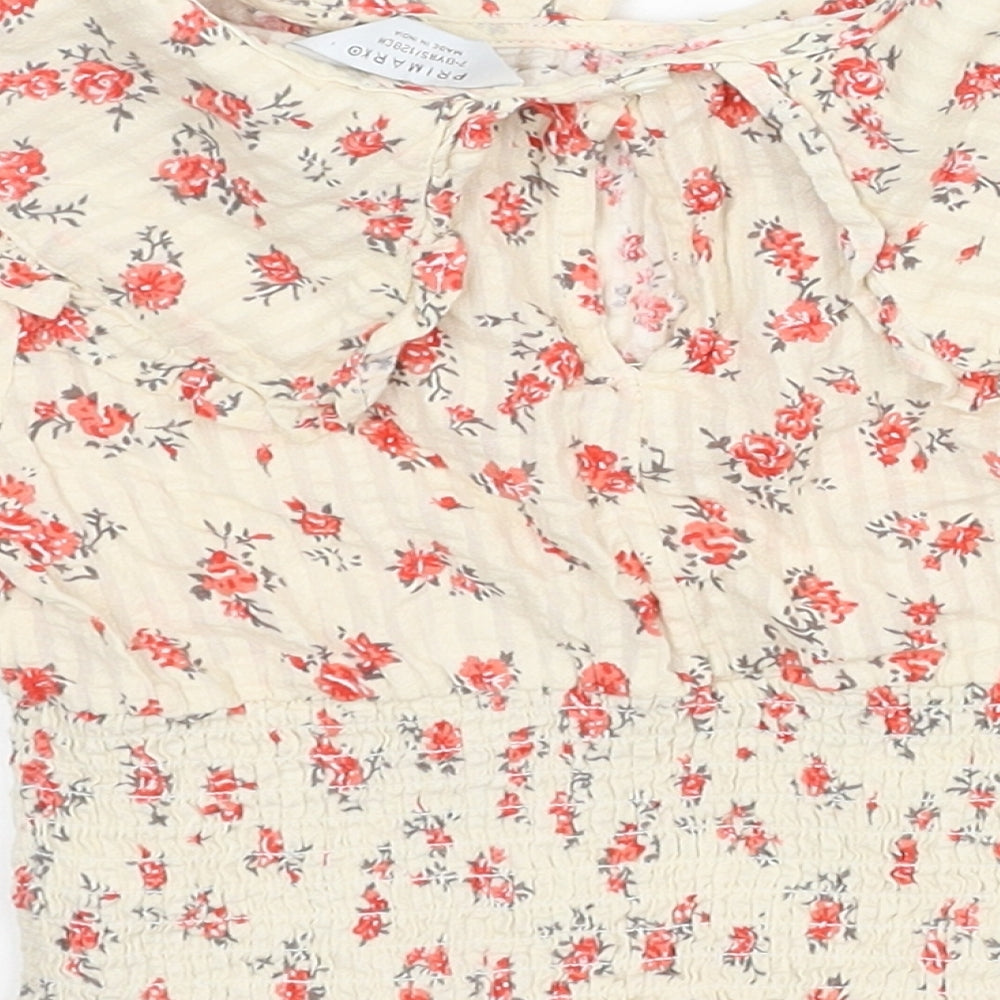 Primark Girls Ivory Floral Cotton Basic Blouse Size 7-8 Years Collared Button