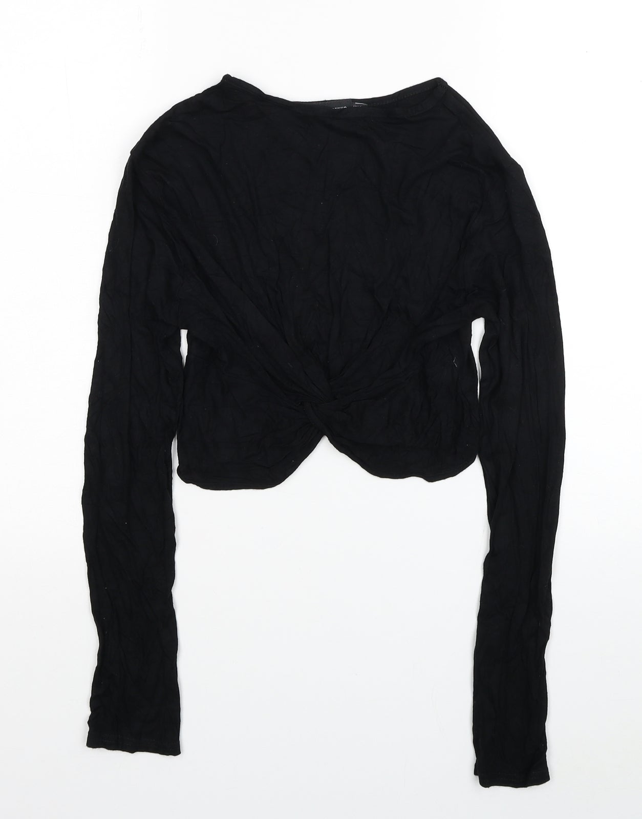 PRETTYLITTLETHING Womens Black Polyester Cropped Blouse Size 8 Round Neck - Knot detail
