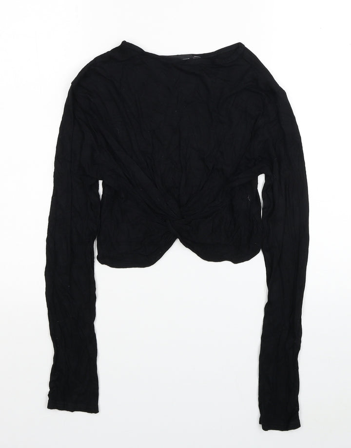 PRETTYLITTLETHING Womens Black Polyester Cropped Blouse Size 8 Round Neck - Knot detail