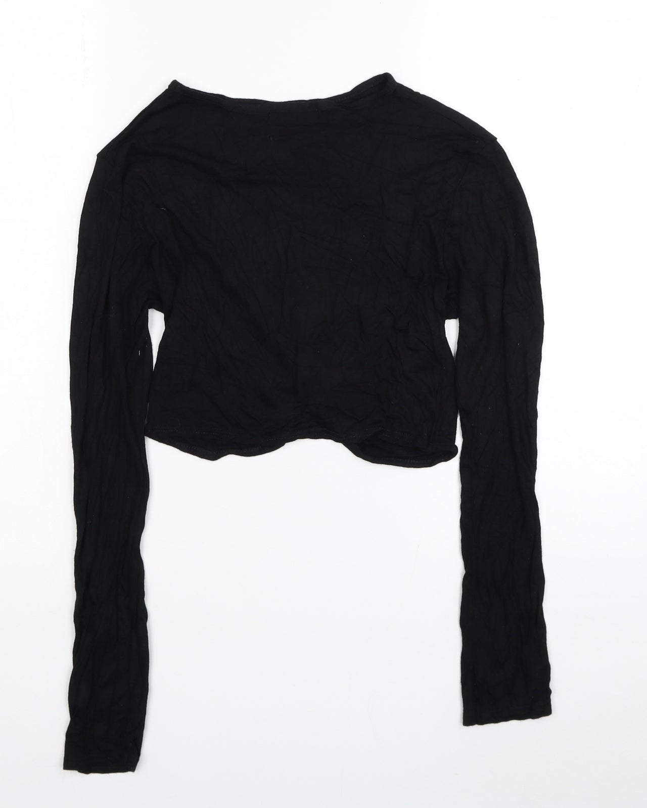 PRETTYLITTLETHING Womens Black Polyester Cropped Blouse Size 8 Round Neck - Knot detail