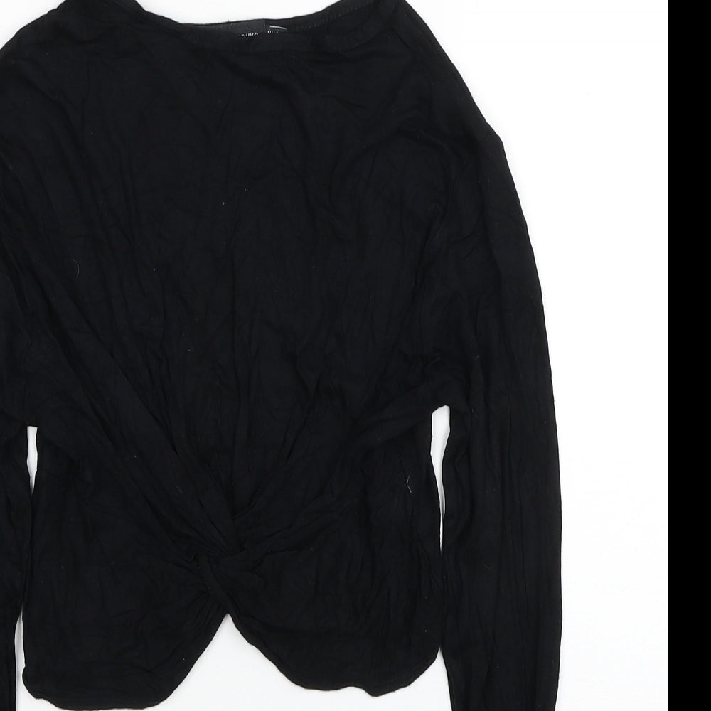 PRETTYLITTLETHING Womens Black Polyester Cropped Blouse Size 8 Round Neck - Knot detail