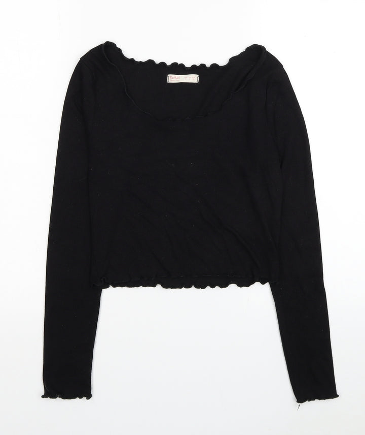 ROMWE Womens Black Polyester Cropped Blouse Size S Scoop Neck - Ribbed