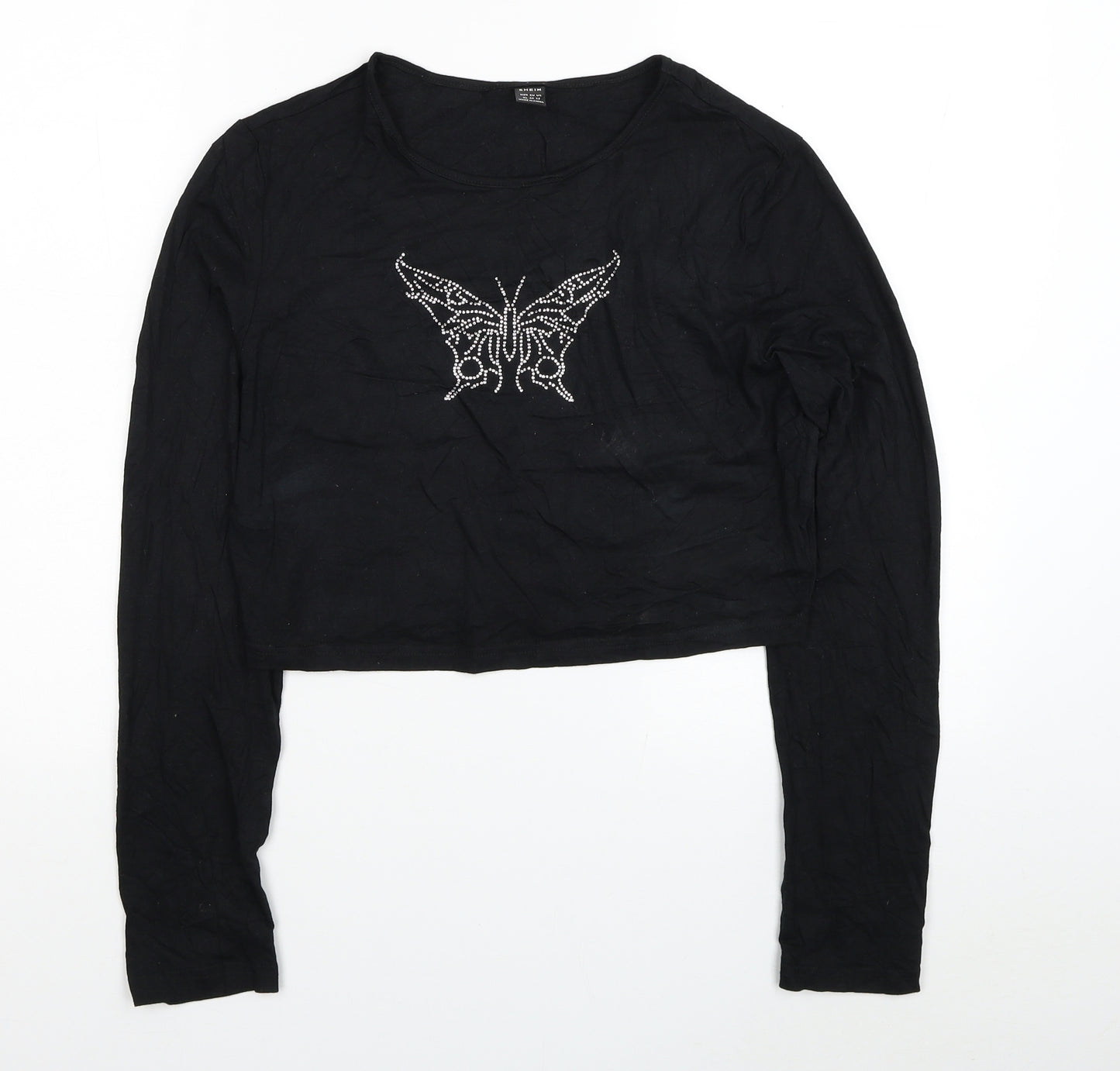 SheIn Womens Black Cotton Cropped T-Shirt Size XL Round Neck - Butterfly