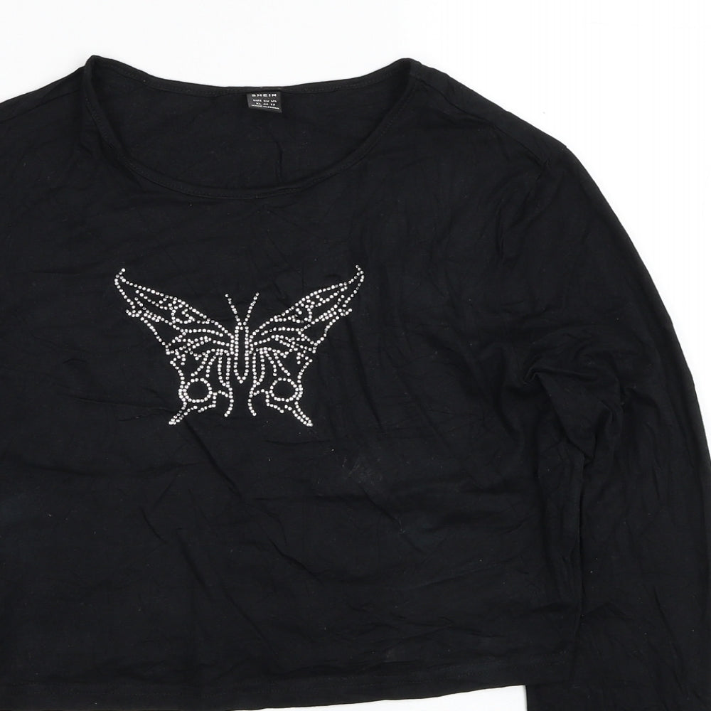 SheIn Womens Black Cotton Cropped T-Shirt Size XL Round Neck - Butterfly